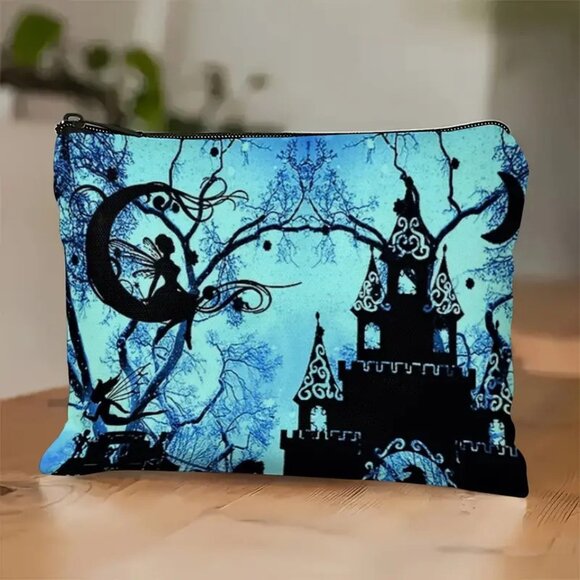 Gothic Halloween Elf and Castle w Moon Travel Makeup Bag Double Sided Printed - Picture 1 of 1